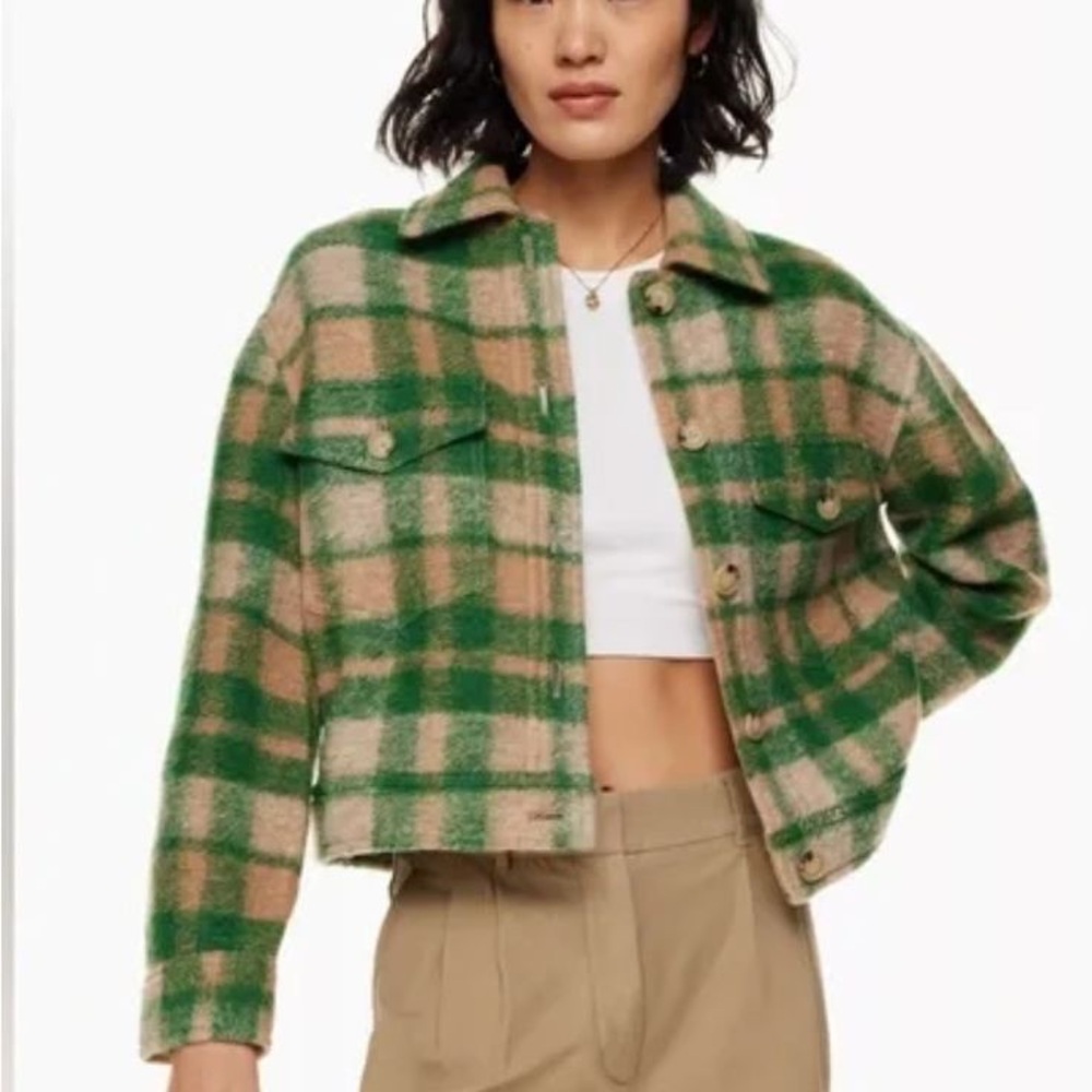 Aritzia Wilfred Wool Plaid Green and Tan Women's Jacket Shacket